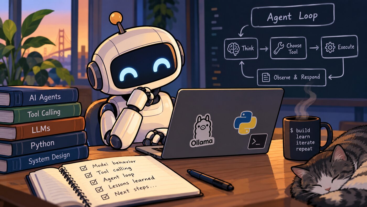 A cartoon robot at a laptop with Ollama and Python stickers, next to a whiteboard diagram of the
agent loop: think, choose tool, execute, observe and
respond