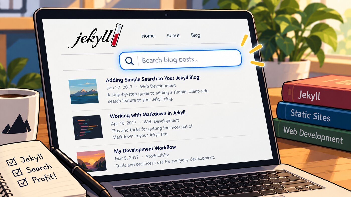 A laptop showing a Jekyll blog with a highlighted search box above a list of matching
posts