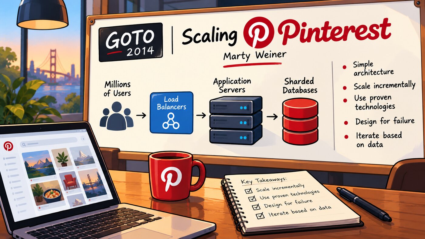 A whiteboard titled "Scaling Pinterest" showing users, load balancers, application servers, and
sharded databases, next to takeaways: scale incrementally, use proven technologies, design for
failure, and iterate based on data