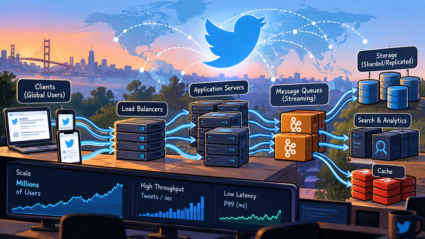 Illustration of Twitter's architecture: clients, load balancers, application servers, message
queues, storage, search, and cache, above dashboards for users, throughput, and
latency